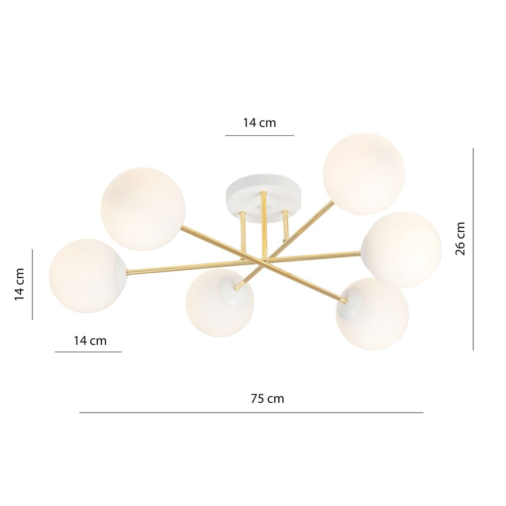 Plafondlamp gepoedercoat staal en glas Magnum, wit en goud, 6 lichts, 75 cm breed, woonkamer en eettafel