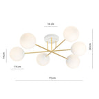 Plafondlamp gepoedercoat staal en glas Magnum, wit en goud, 6 lichts, 75 cm breed, woonkamer en eettafel