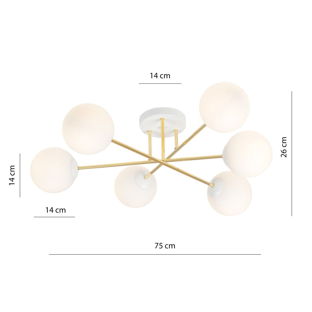 Plafondlamp gepoedercoat staal en glas Magnum, wit en goud, 6 lichts, 75 cm breed, woonkamer en eettafel