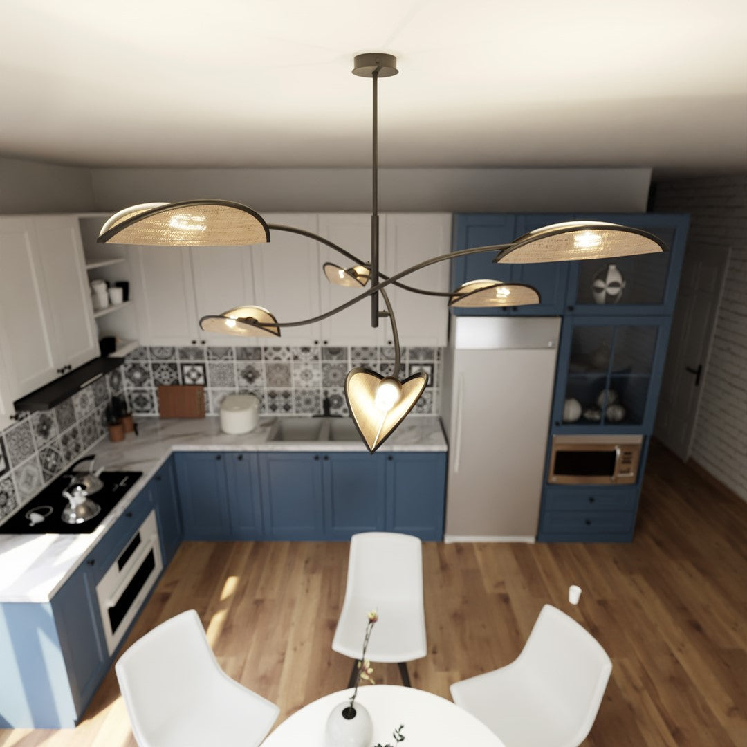 Plafondlamp Lotus gepoedercoat staal en rotan, boho, zwart met naturel kappen, 6 lichtpunten, 102 x 51 cm