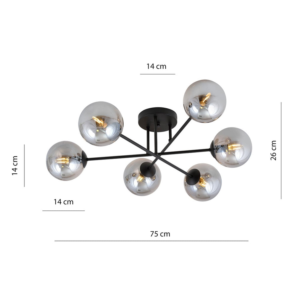 Plafondlamp gepoedercoat staal en glas Roma, zwart met grafiet glazen kappen, 6 lichts E14, 75 cm breed