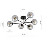 Plafondlamp gepoedercoat staal en glas Roma, zwart met grafiet glazen kappen, 6 lichts E14, 75 cm breed