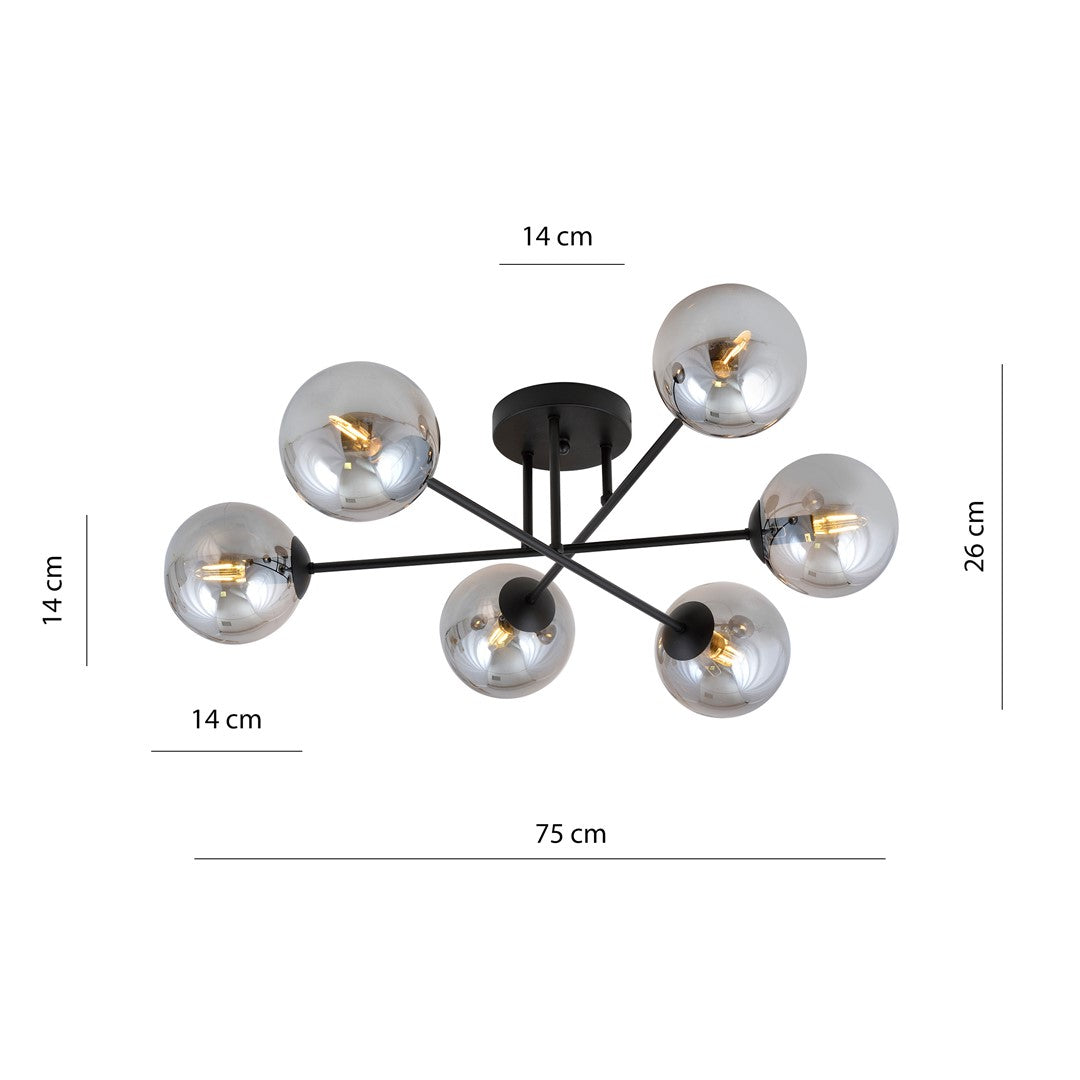 Plafondlamp gepoedercoat staal en glas Roma, zwart met grafiet glazen kappen, 6 lichts E14, 75 cm breed