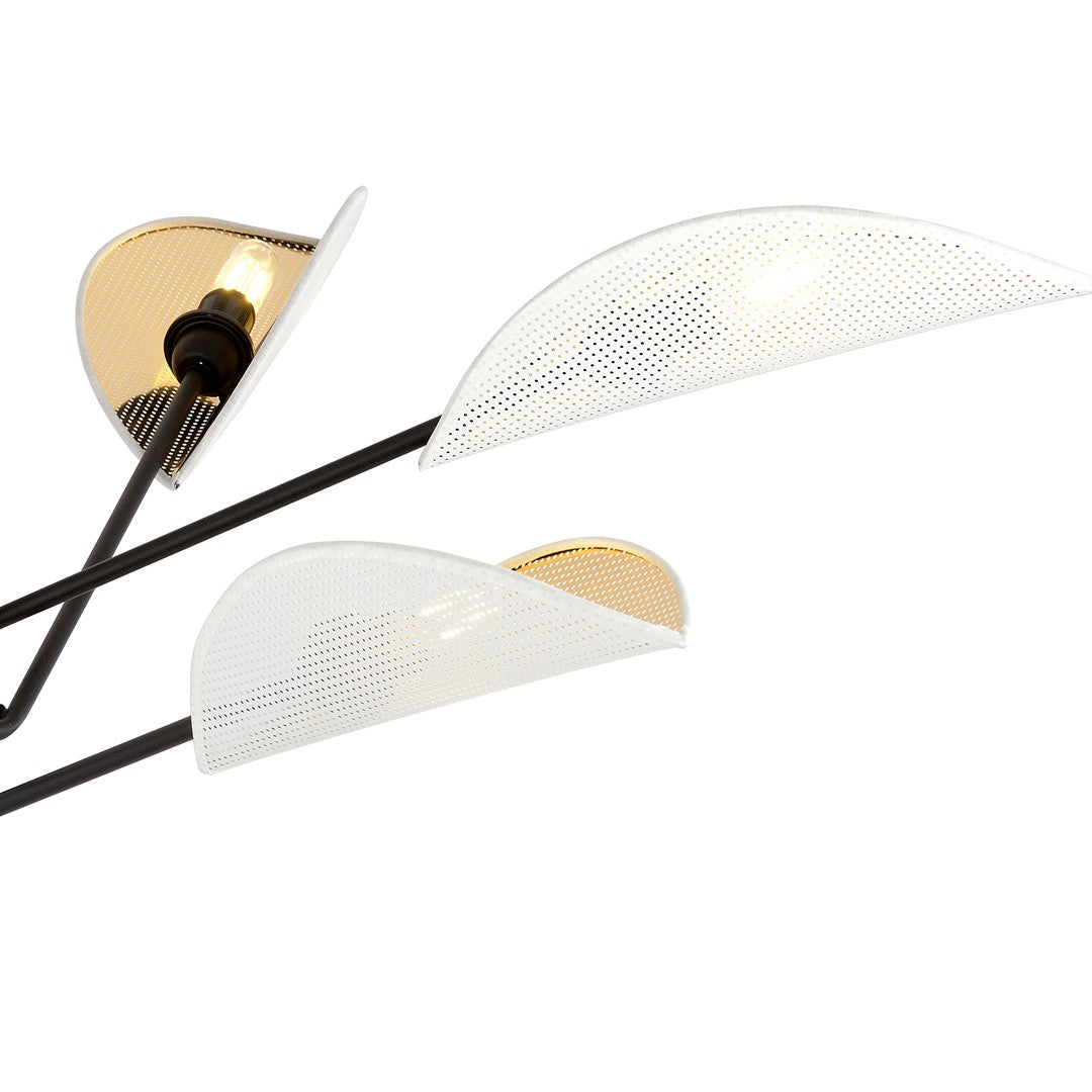 Plafondlamp gepoedercoat staal Vene wit en goud, 6 lichts, bladvormige kappen, woonkamer en slaapkamer