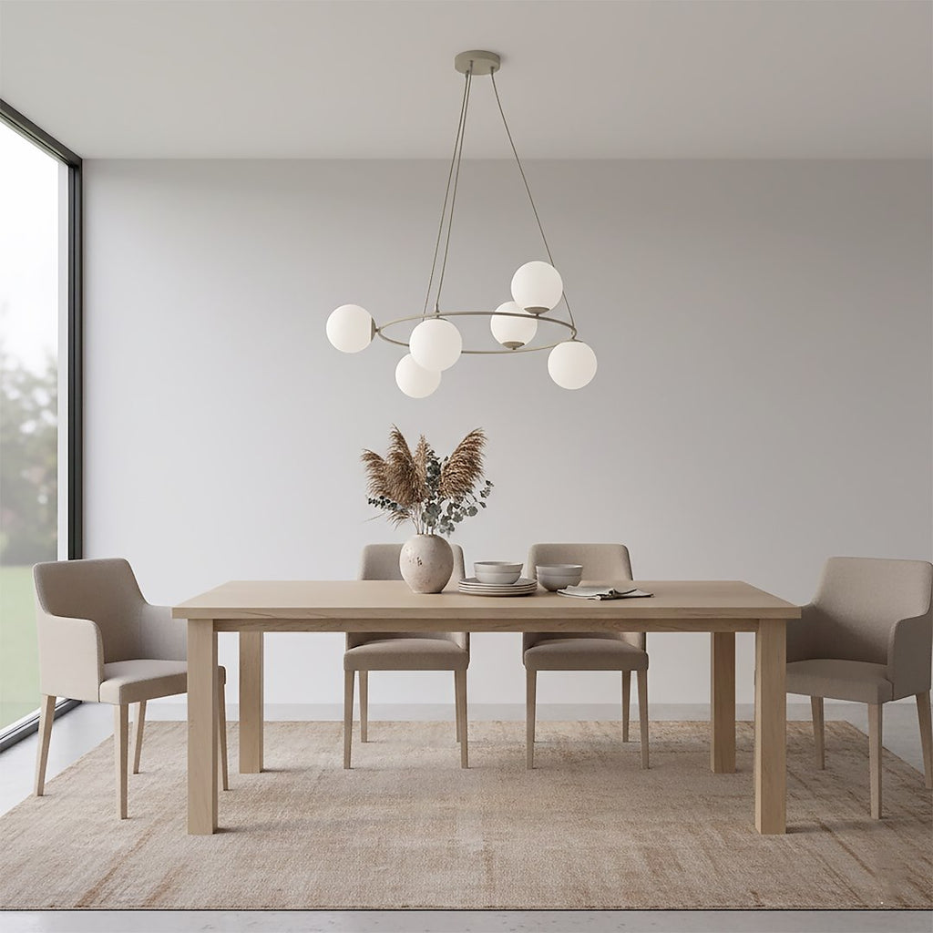Hanglamp gepoedercoat staal en glas Azura, beige met witte glazen kappen, 6 lichtpunten, Ø 75 cm, glamour
