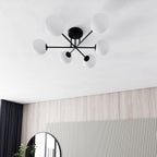 Plafondlamp gepoedercoat staal en glas Roma 6 lichts, zwart met witte glazen kappen, 75 cm breed, E14