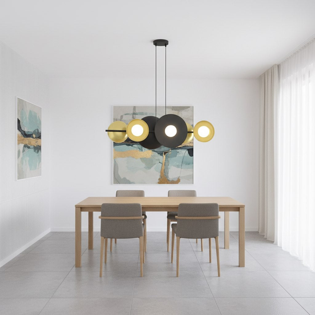 Hanglamp gepoedercoat staal Volume zwart met goud, 6 lichtpunten G9, 100 cm breed, voor boven eettafel