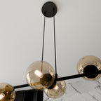 Hanglamp gepoedercoat staal en glas Rossi, zwart met amber glas, 6 lichts, 110 x 100 cm, woonkamer en eetkamer