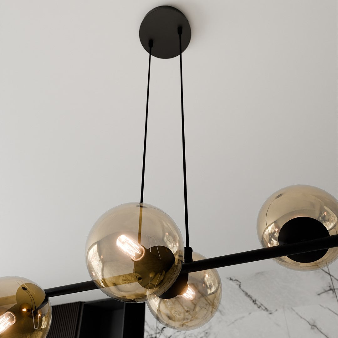 Hanglamp gepoedercoat staal en glas Rossi, zwart met amber glas, 6 lichts, 110 x 100 cm, woonkamer en eetkamer