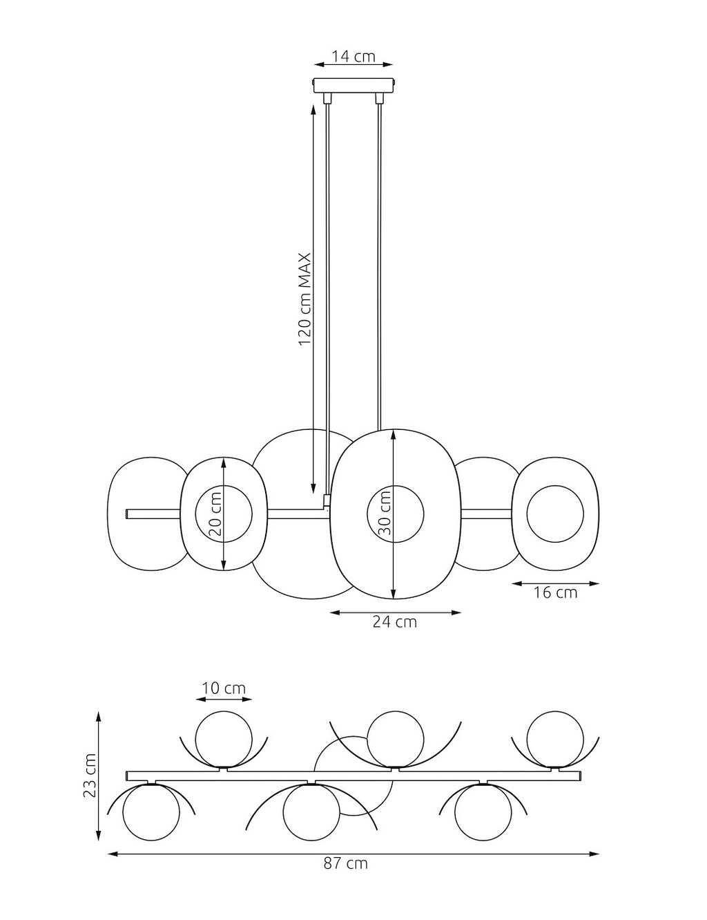 Hanglamp staal modern Elementi 6 lichts, wit – 87 x 23 cm, hoogte verstelbaar, eettafel en kookeiland