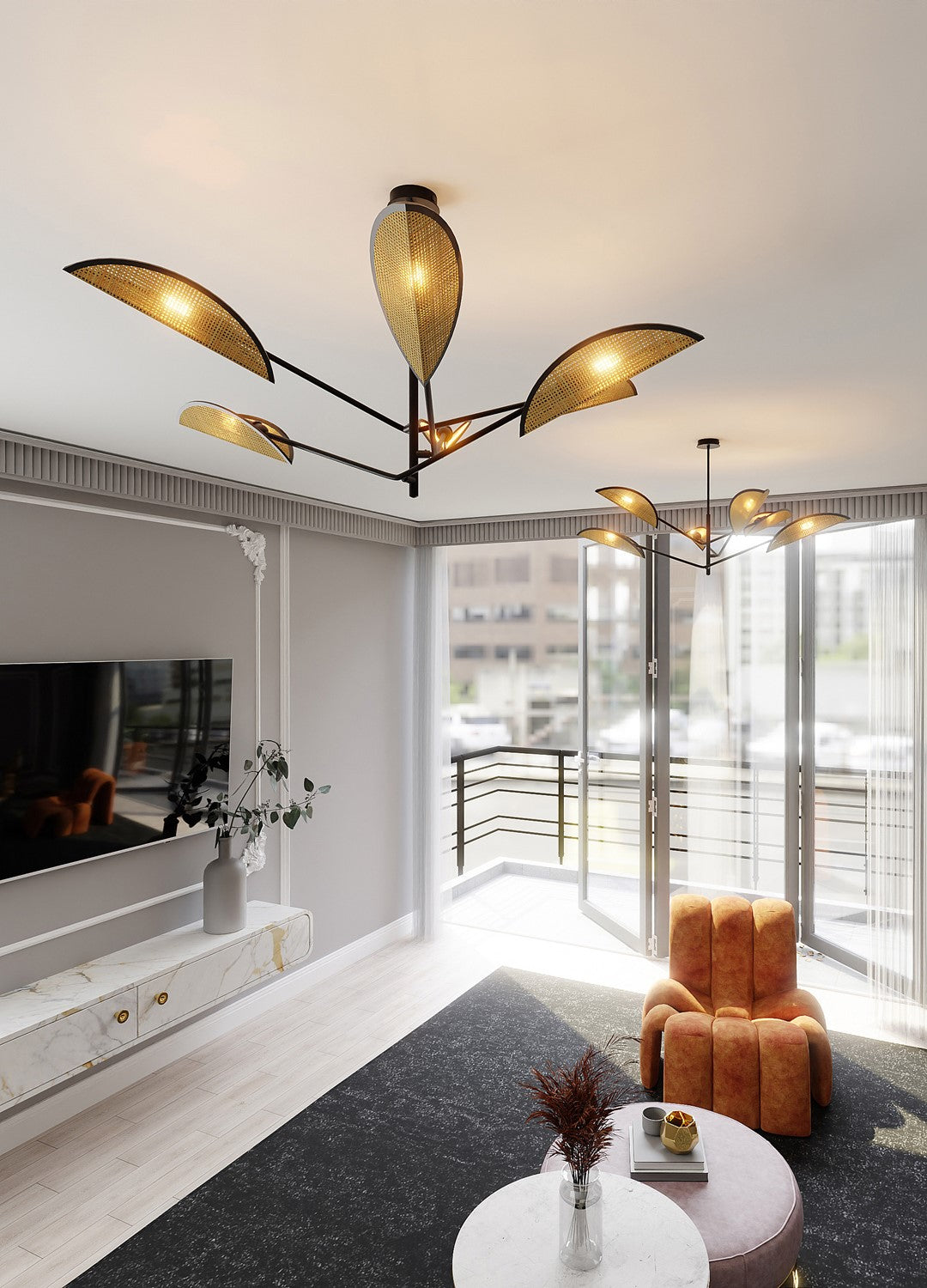 Plafondlamp gepoedercoat staal en rotan Vene, zwart met bruine kappen, 6 lichtpunten – 102 x 51 cm, woonkamer en slaapkamer