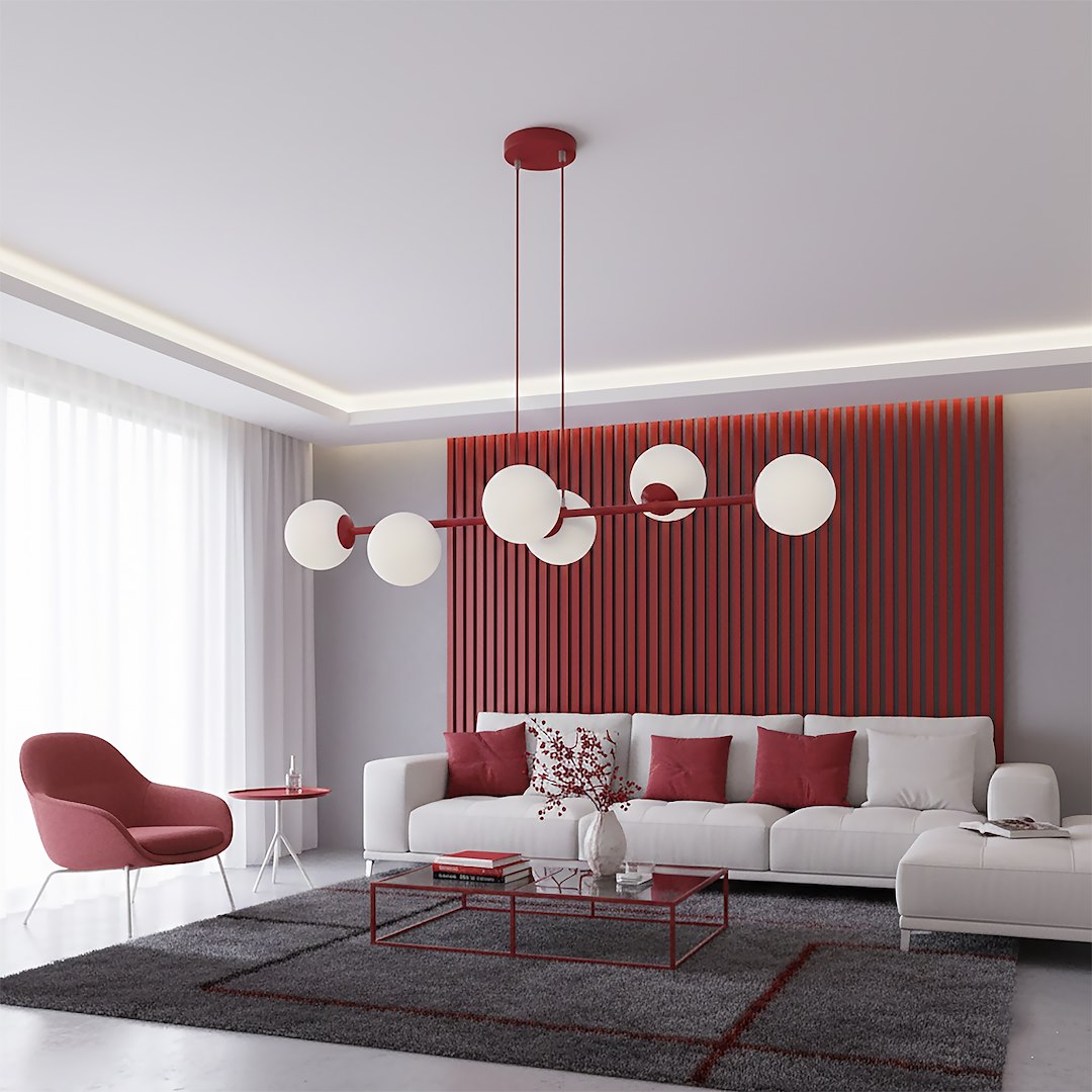 Hanglamp gepoedercoat staal en glas modern Magnus bordeaux met witte kappen 110 x 30 cm, 6 lichts