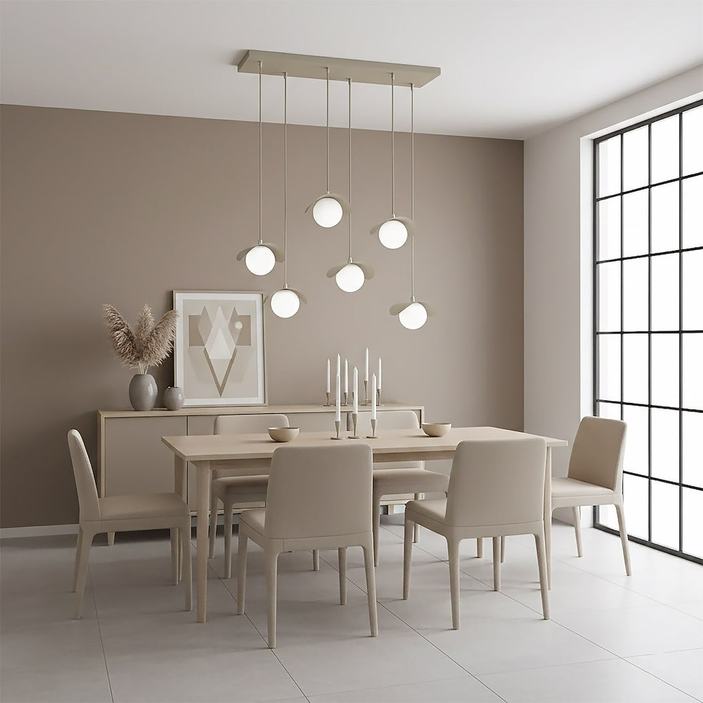 Hanglamp gepoedercoat staal en glas Ritual, beige met witte glazen bollen, 6 lampen, 75 cm breed