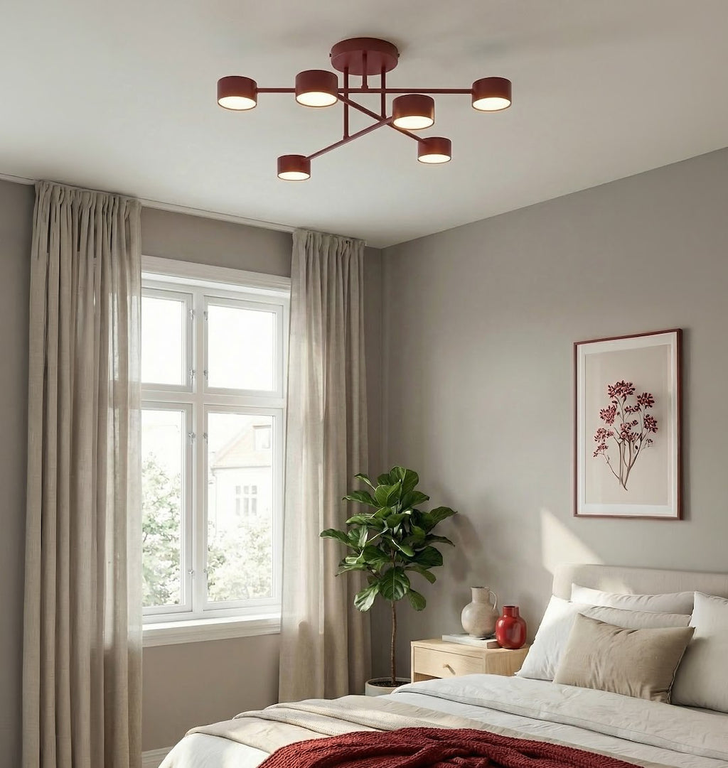Plafondlamp gepoedercoat staal Halo modern bordeaux 60 x 60 cm, 6 lichtpunten voor woonkamer, slaapkamer en eetruimte