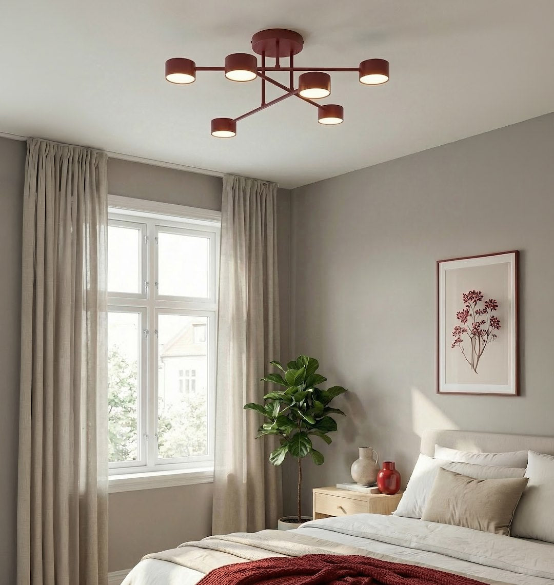 Plafondlamp gepoedercoat staal Halo modern bordeaux 60 x 60 cm, 6 lichtpunten voor woonkamer, slaapkamer en eetruimte