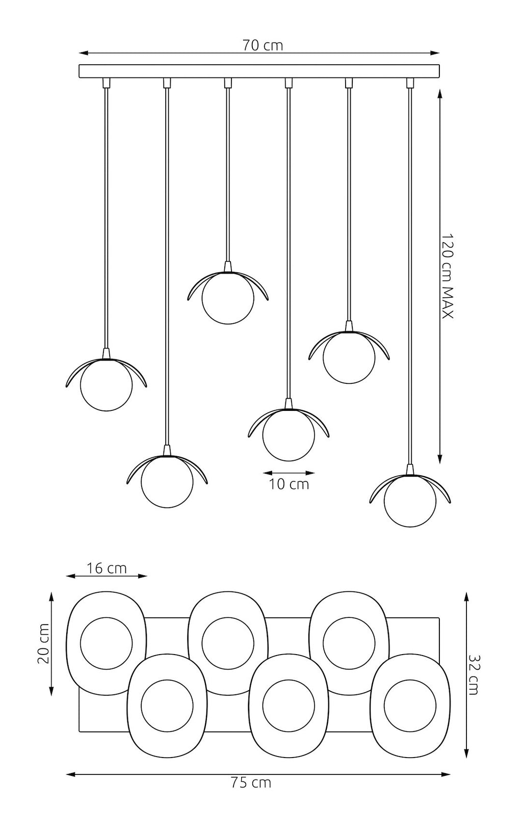 Hanglamp Ritual 6 lichts gepoedercoat staal, modern, wit – 75 x 32 cm, hoogte 120 cm, G9, eettafel