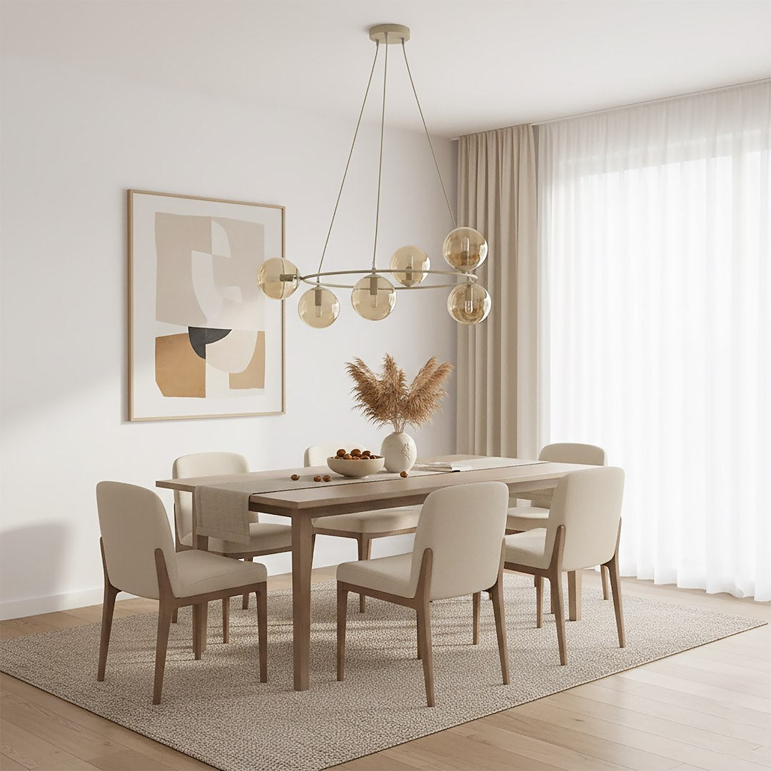 Hanglamp gepoedercoat staal en glas Azura, beige met amberkleurige glazen bollen, 6 lichts, 75 x 75 cm