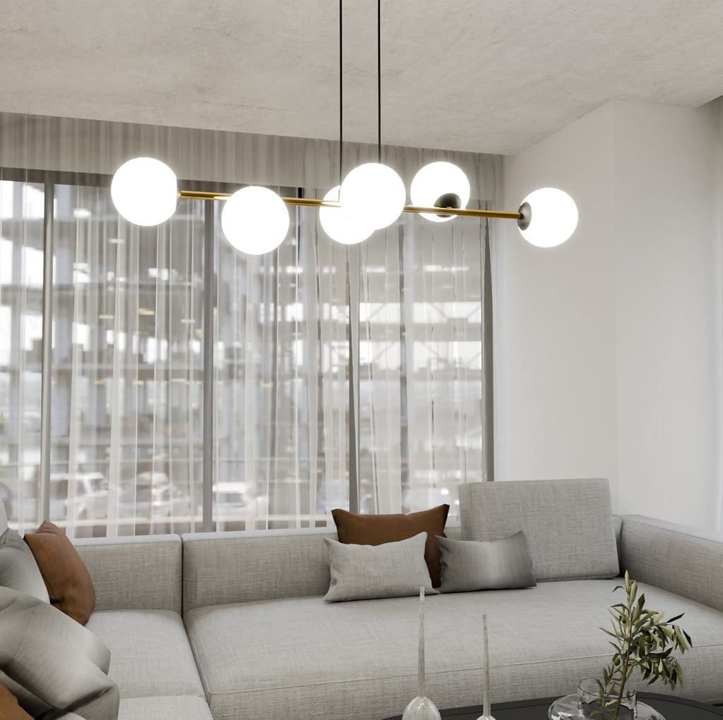 Hanglamp gepoedercoat staal en glas Gravity, zwart met goud en witte glazen kappen, 6 lichts, 110 cm breed