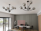 Plafondlamp gepoedercoat staal en glas Hunter zwart, grafiet kappen, 6 lichtpunten, 89 x 63 cm, eettafel of keukeneiland