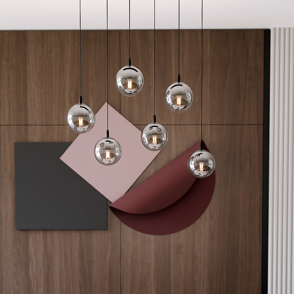 Hanglamp 6 lichts gepoedercoat staal en glas, Cosmo modern, zwart met grafiet kappen, verstelbaar, eettafel