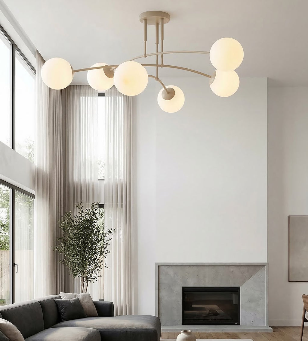 Plafondlamp gepoedercoat staal en glas, modern, beige met witte glazen kappen, 6 lichtpunten, 70 x 60 cm