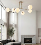 Plafondlamp gepoedercoat staal en glas, modern, beige met witte glazen kappen, 6 lichtpunten, 70 x 60 cm
