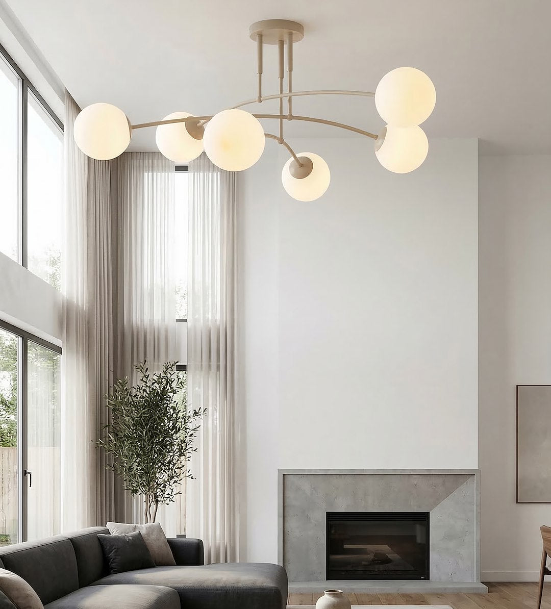 Plafondlamp gepoedercoat staal en glas, modern, beige met witte glazen kappen, 6 lichtpunten, 70 x 60 cm