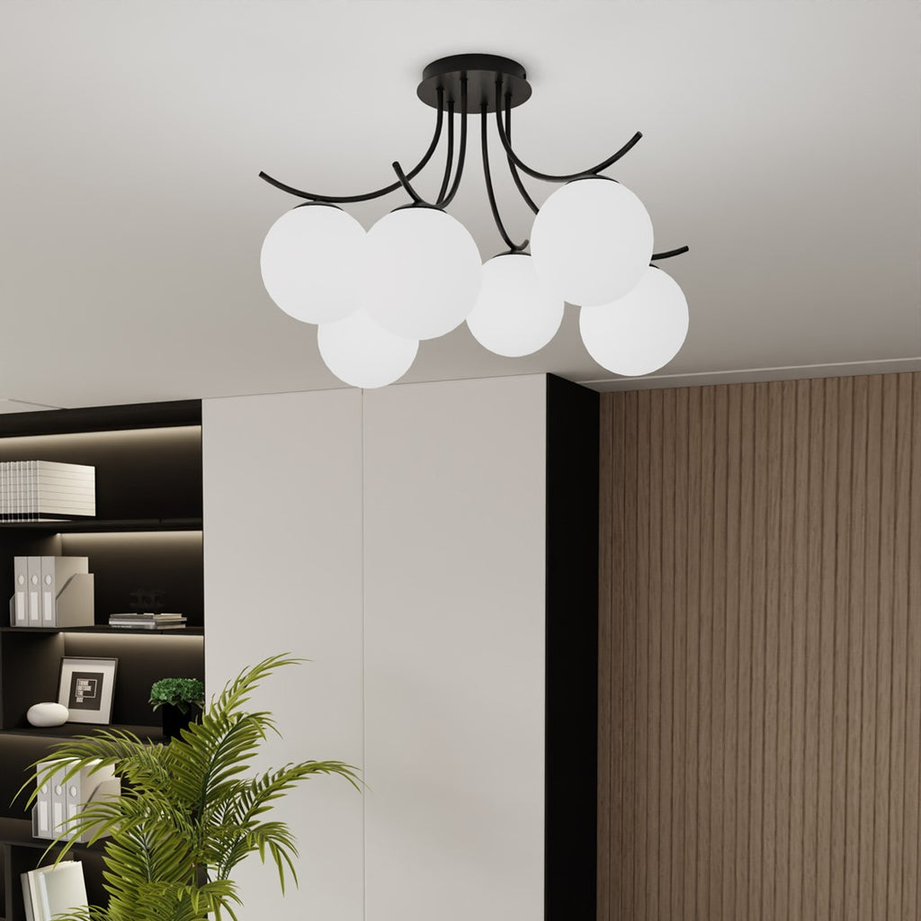 Plafondlamp Boston gepoedercoat staal en glas, zwart met witte kappen, 6 lichts, 70 x 37 cm