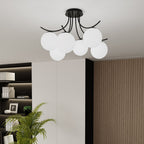 Plafondlamp Boston gepoedercoat staal en glas, zwart met witte kappen, 6 lichts, 70 x 37 cm