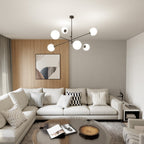 Hanglamp 6 lichts gepoedercoat staal en glas, modern, zwart met wit opaal glas, 102 x 51 cm, eettafel en keuken