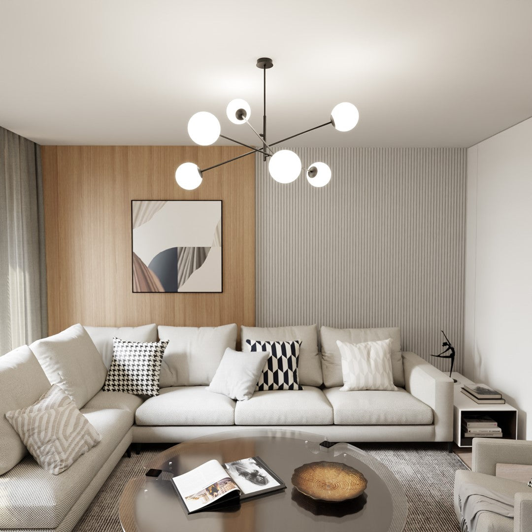 Hanglamp 6 lichts gepoedercoat staal en glas, modern, zwart met wit opaal glas, 102 x 51 cm, eettafel en keuken