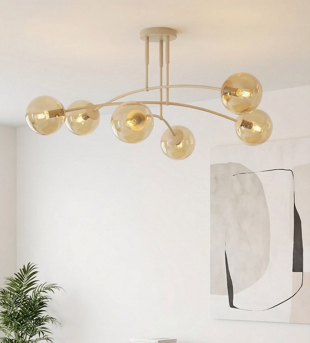 Plafondlamp gepoedercoat staal modern Pregos beige met amberkleurig glas, 6 lichtpunten E14 – 70 x 60 cm