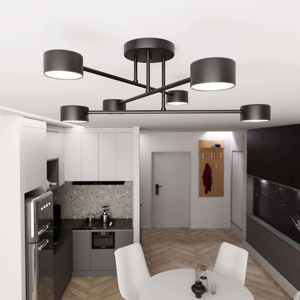 Plafondlamp gepoedercoat staal Halo Scandinavisch mat zwart, 60 cm breed, met 6 lichtpunten