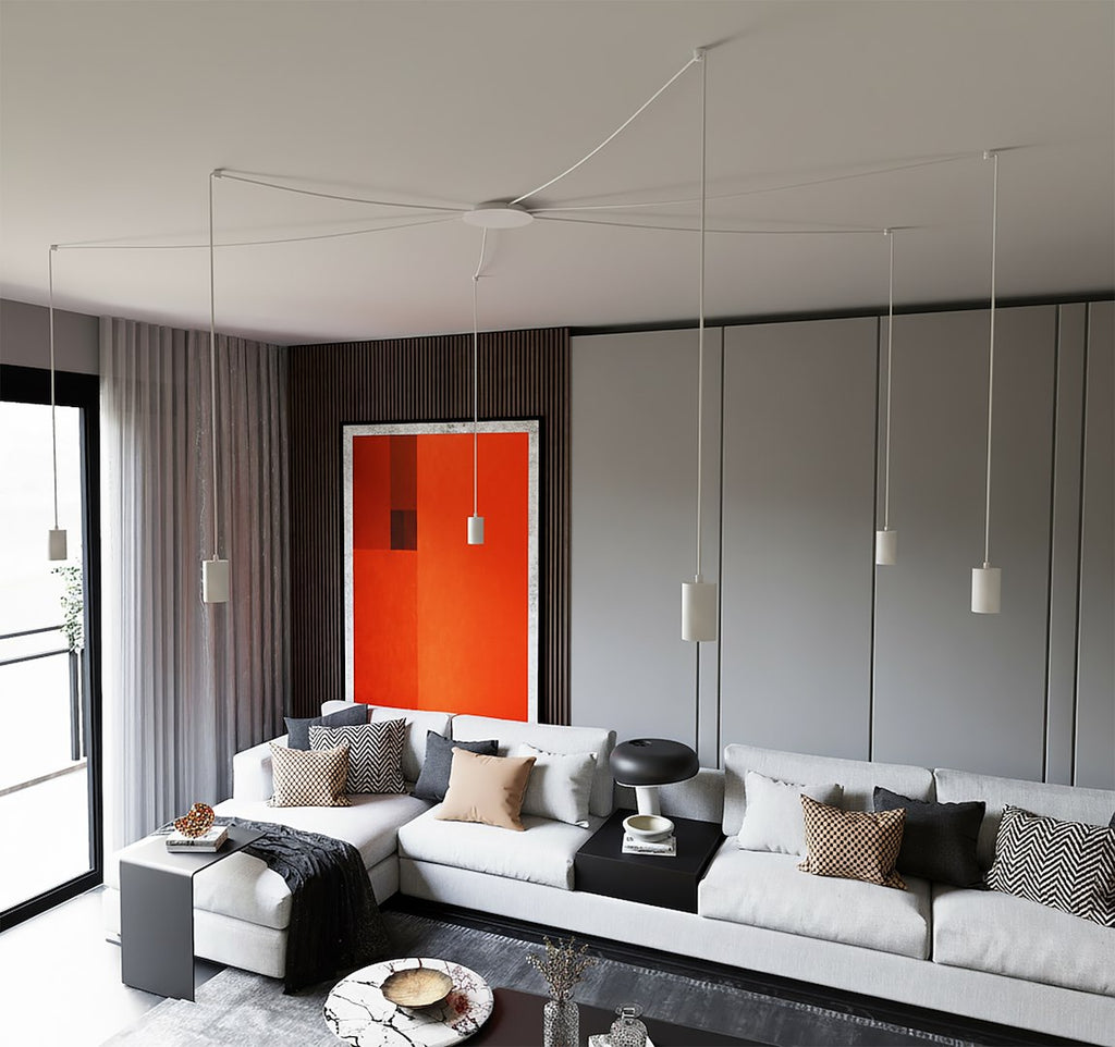 Hanglamp Traker gepoedercoat staal modern wit met 6 GU10-fittingen, 300 x 300 cm, hoogte verstelbaar