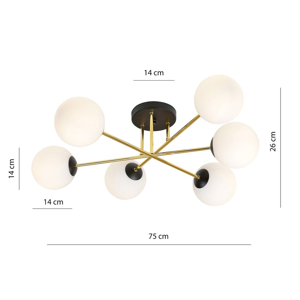 Plafondlamp 6 lichts glas en gepoedercoat staal, glamour zwart en goud met witte kappen, 75 cm breed