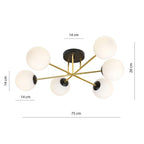 Plafondlamp 6 lichts glas en gepoedercoat staal, glamour zwart en goud met witte kappen, 75 cm breed