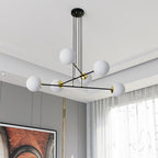Hanglamp gepoedercoat staal en glas Ognis, zwart met witte glazen kappen, 6 lichtpunten, E27, eettafel en hal