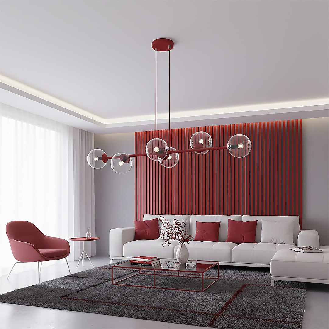 Hanglamp gepoedercoat staal en glas Magnus, bordeaux met transparante glazen kappen, 6 lichts, 110 cm breed