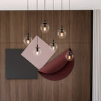 Hanglamp gepoedercoat staal en glas, modern Cosmo, zwart met transparante kappen, 6 lichts, 65 x 120 cm