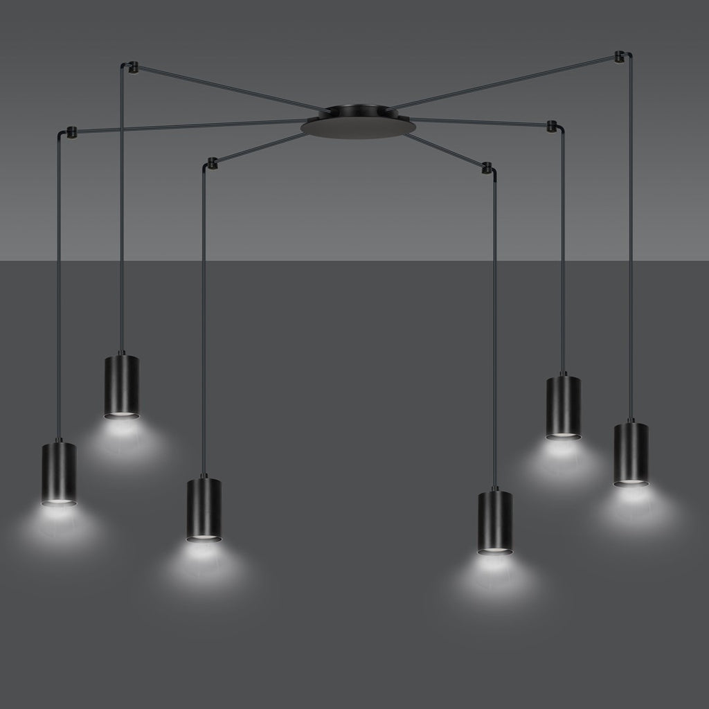 Hanglamp gepoedercoat staal Traker zwart, 6 lichts met GU10-fittingen, verstelbare hoogte, modern