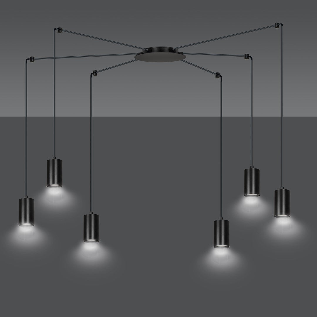 Hanglamp gepoedercoat staal Traker zwart, 6 lichts met GU10-fittingen, verstelbare hoogte, modern
