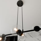 Hanglamp Rossi staal en glas, modern, zwart met transparante kappen, 110 x 100 cm, 6 lichtpunten, eettafel en zithoek
