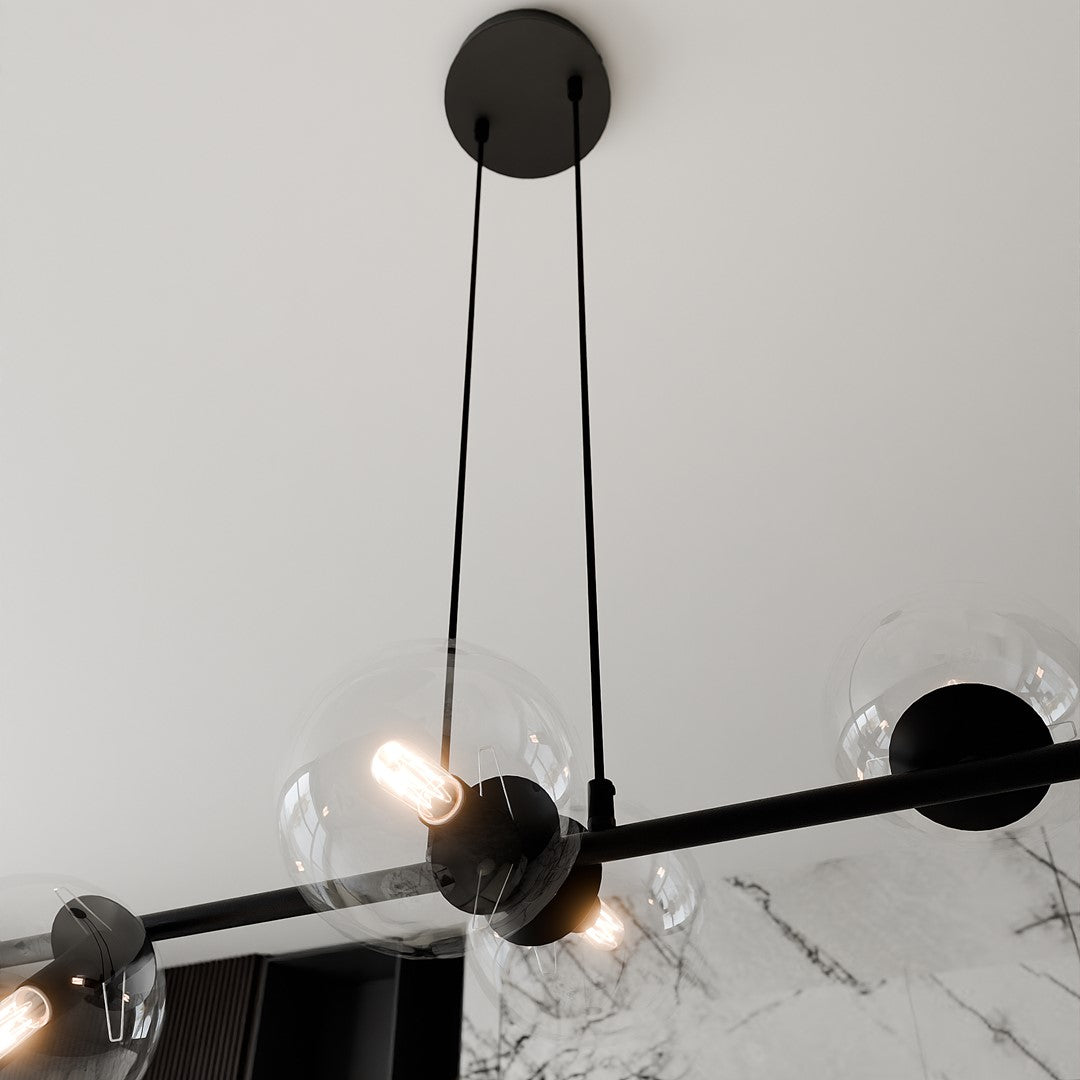 Hanglamp Rossi staal en glas, modern, zwart met transparante kappen, 110 x 100 cm, 6 lichtpunten, eettafel en zithoek