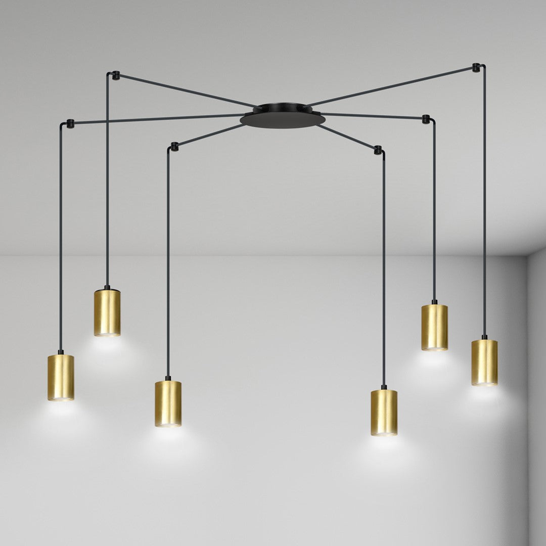 Hanglamp gepoedercoat staal modern Traker zwart met goud, 6 fittingen, verstelbare hoogte