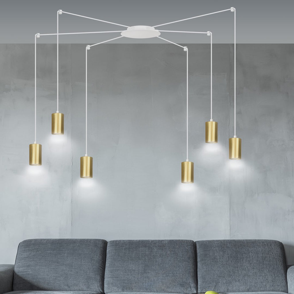 Hanglamp gepoedercoat staal Traker 6 lichts, wit met goud, modern, 6 GU10-fittingen, verstelbare hoogte