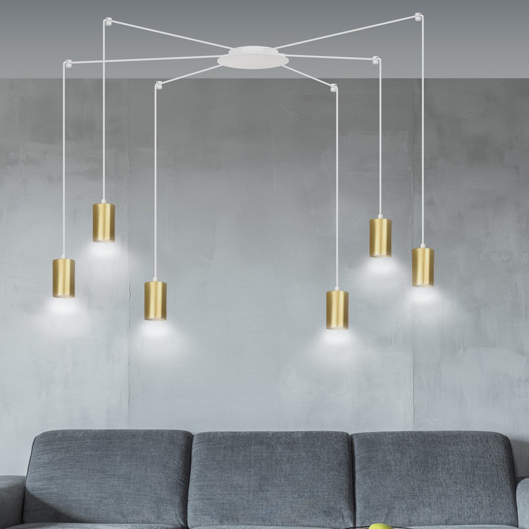 Hanglamp gepoedercoat staal Traker 6 lichts, wit met goud, modern, 6 GU10-fittingen, verstelbare hoogte
