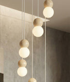 Hanglamp gepoedercoat staal en hout, Scandinavisch Loop wit, Ø 33 cm, 6 lichts, voor eetkamer of keukeneiland