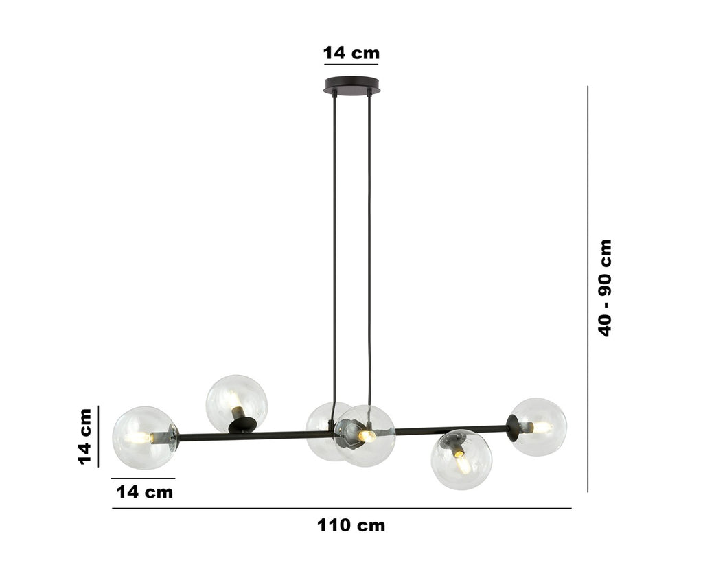 Hanglamp Rossi staal en glas, modern, zwart met transparante kappen, 110 x 100 cm, 6 lichtpunten, eettafel en zithoek