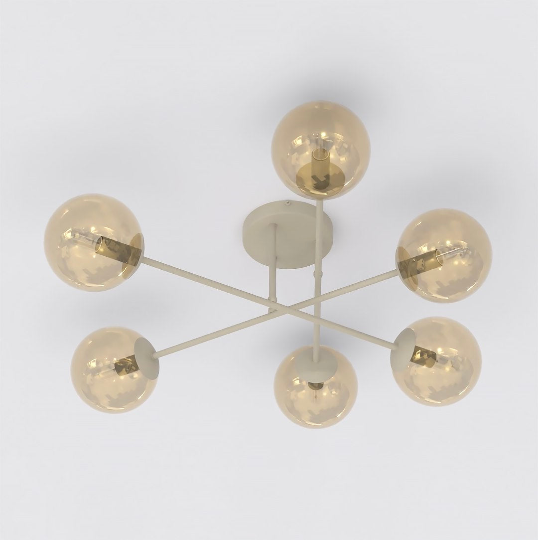 Plafondlamp gepoedercoat staal en glas Roma 6 modern, beige met amber glazen kappen, 6 lichtpunten E14 voor woonkamer