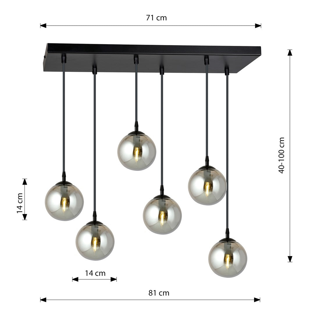 Hanglamp 6 lichts gepoedercoat staal en glas, Cosmo modern, zwart met grafiet kappen, verstelbaar, eettafel